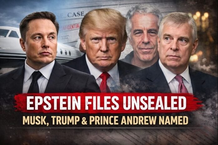 Epstein files unsealed naming Musk, Trump, and Prince Andrew