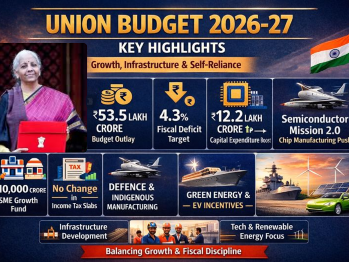 Union Budget 2026-27 highlights infographic showing budget outlay, fiscal deficit, infrastructure spending, MSME support, defence, and green energy initiatives in India.
